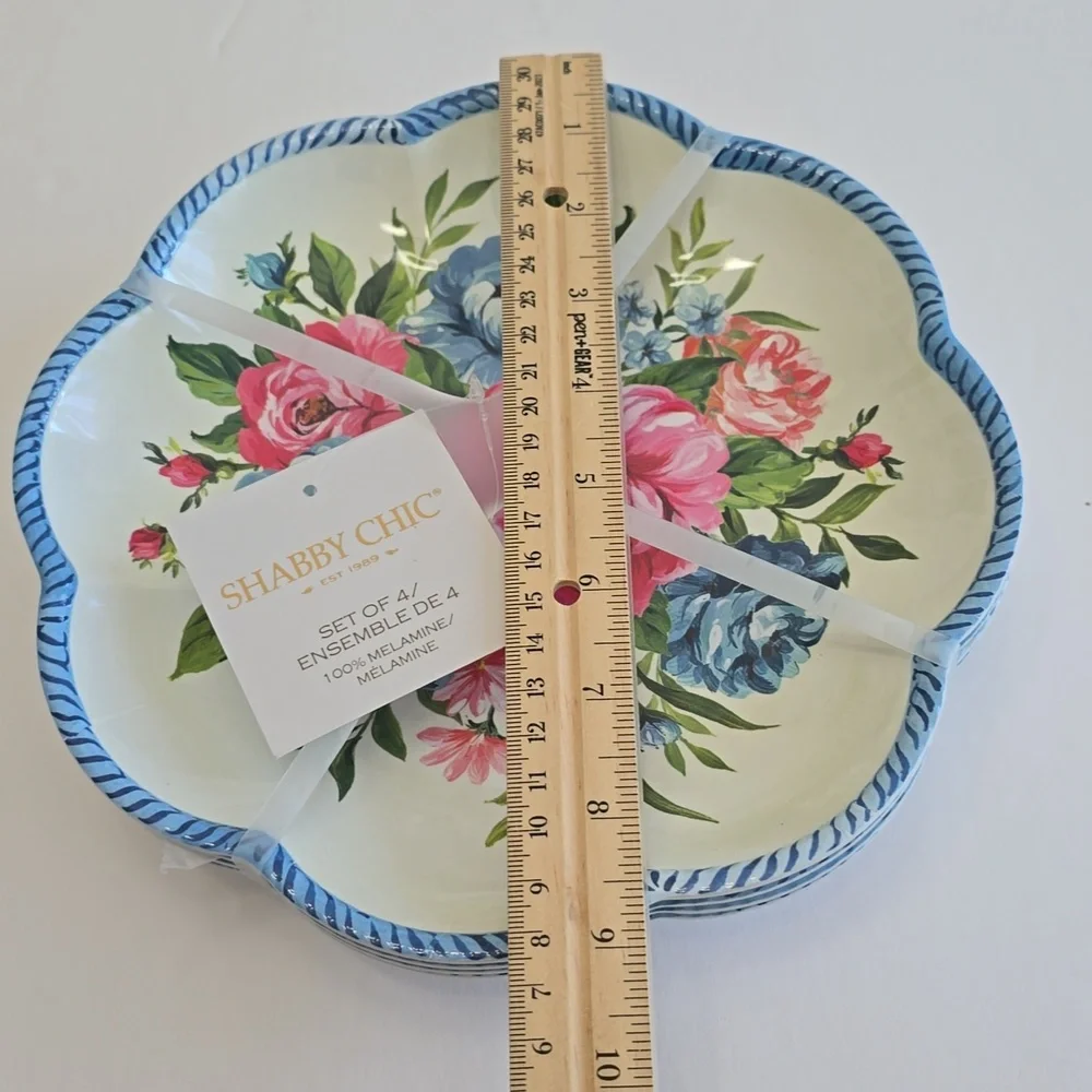 NWT Shabby Chic  Set Of 4 100% Floral Blue Pink Scalloped Melamine Plates